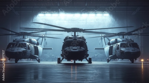 Three military helicopters are aligned in a dimly lit hangar, their rotors casting shadows, evoking readiness for imminent operations.
 photo