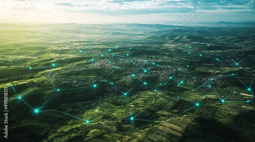 Aerial view of land featuring network markers that indicate land development planning and connectivity, highlighting potential growth areas.