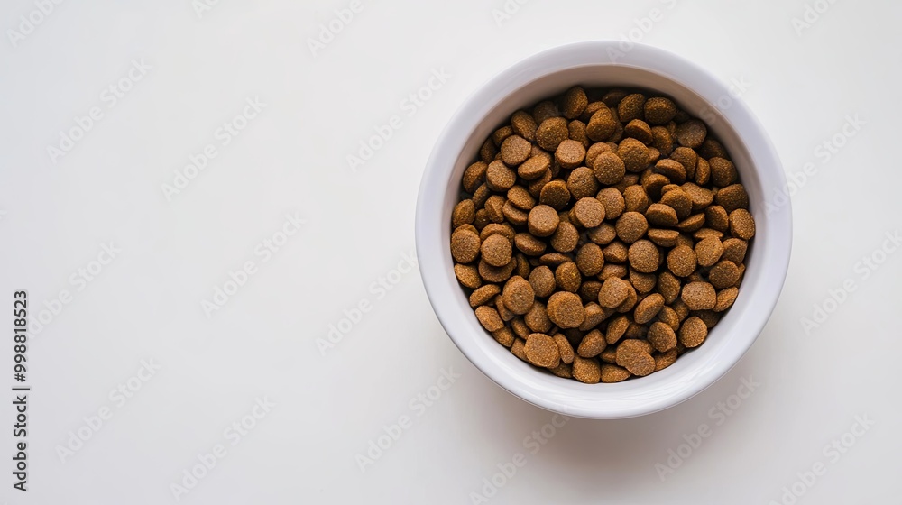 A bowl filled with dry pet food, isolated on white background, top view, A bowl filled with dry pet food, isolated on white background, top view,