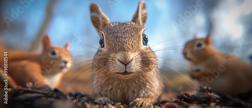  A tight shot of a squirrel's expressive face Two squirrels are faintly visible in the background A blurred squirrel face appears indirectly photo