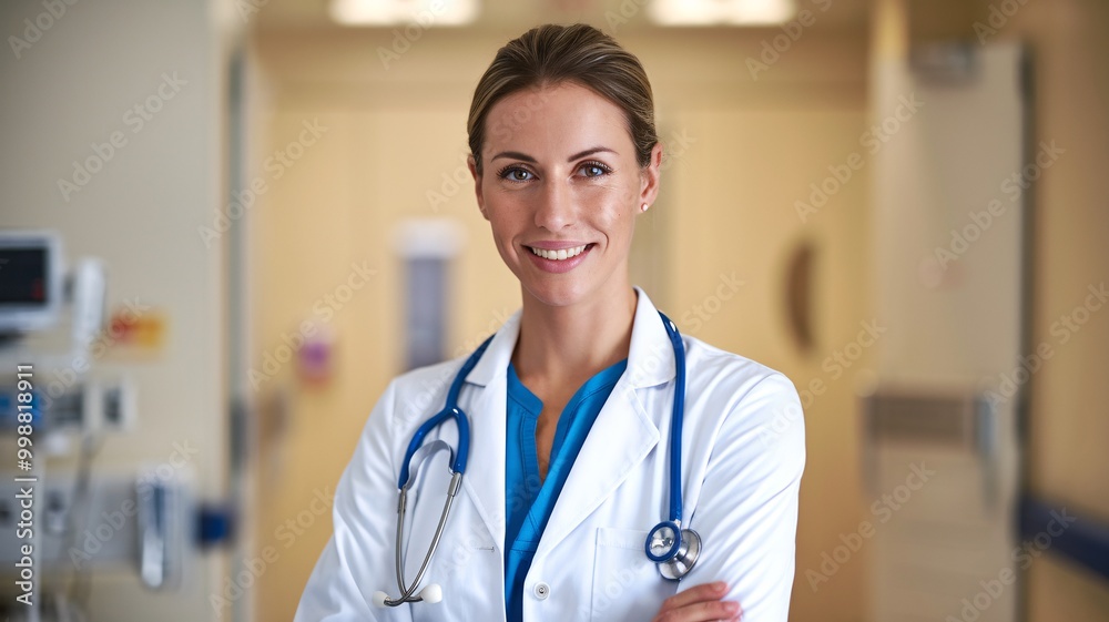 A professional woman wearing a white lab coat with a stethoscope around her neck, smiling confidently at the camera, set against a blurred hospital background A professional woman wearing a white lab coat with a stethoscope around her neck, smiling confidently at the camera, set against a blurred hospital background