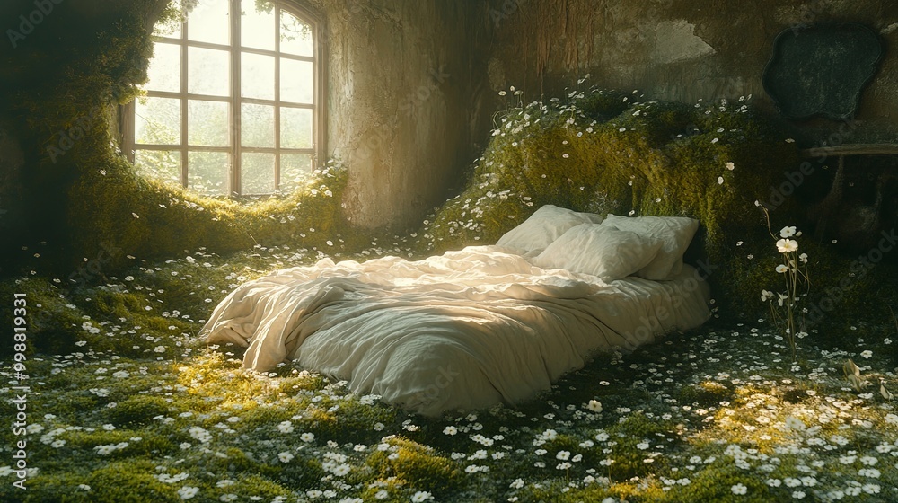 A surreal bedroom with moss and grass-covered walls and floor, soft natural lighting filtering through a window at the top left corner, a white bed in the center with rumpled sheets, A surreal bedroom with moss and grass-covered walls and floor, soft natural lighting filtering through a window at the top left corner, a white bed in the center with rumpled sheets,