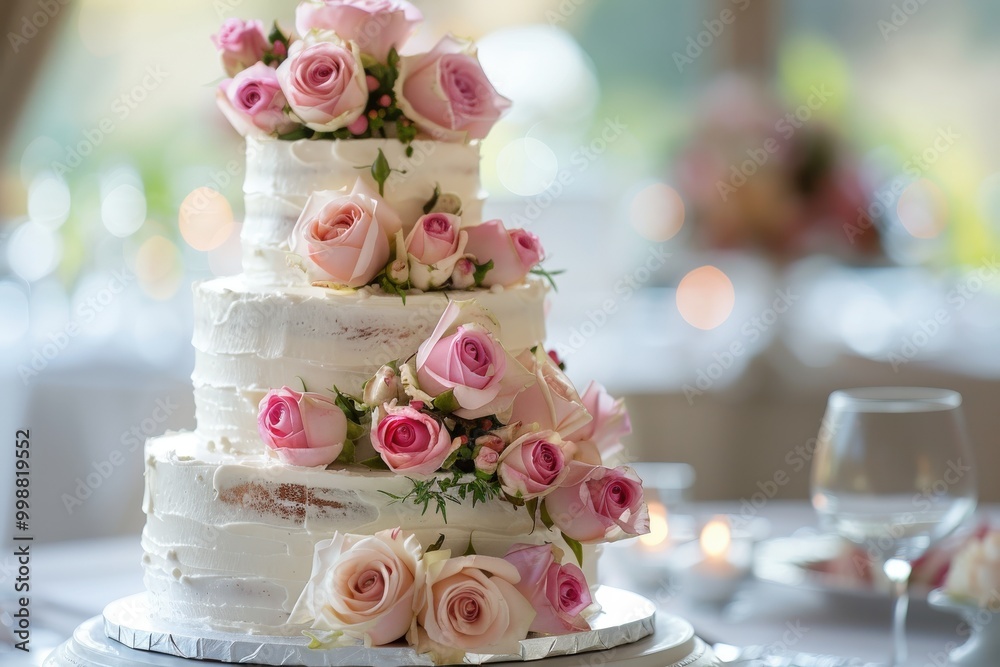 A white cake with pink flowers on top, generative ai image A white cake with pink flowers on top, generative ai image