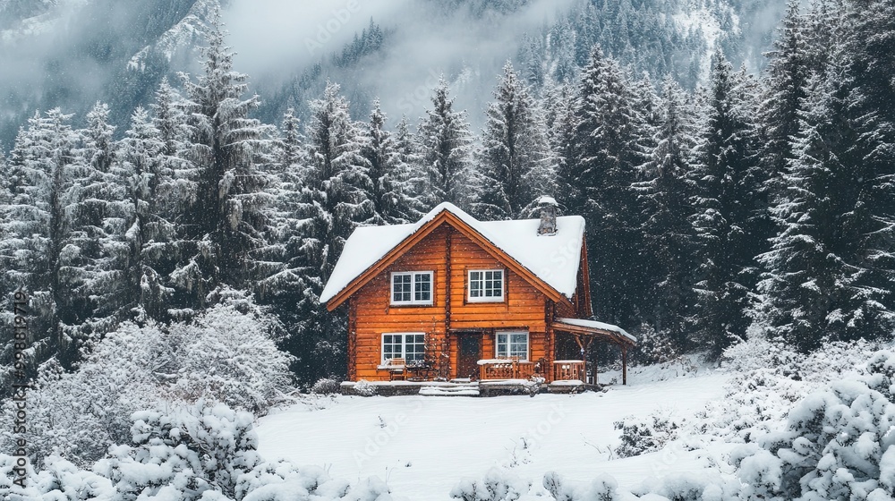 Naklejka premium A cozy, rustic cabin in the mountains, surrounded by snow-covered trees, cozy atmosphere, close up