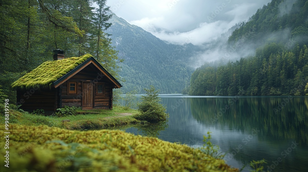 Fototapeta premium A cozy, rustic cabin with green moss on the roof staying in the mountains, surrounded lake, cozy atmosphere, close up