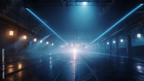 Rays, spotlights light. Empty dark scene with blue light. Asphalt blue dark street with smoke. and neon lights on background