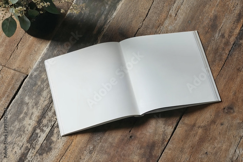 Magazine mockup displayed on a rustic wooden table