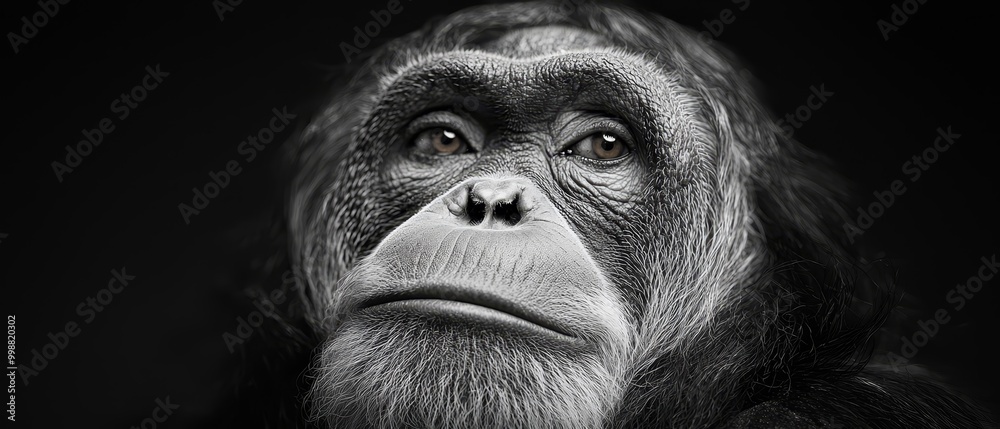 Close-up of a monkey's face with serious expression against black backdrop Close-up of a monkey's face with serious expression against black backdrop