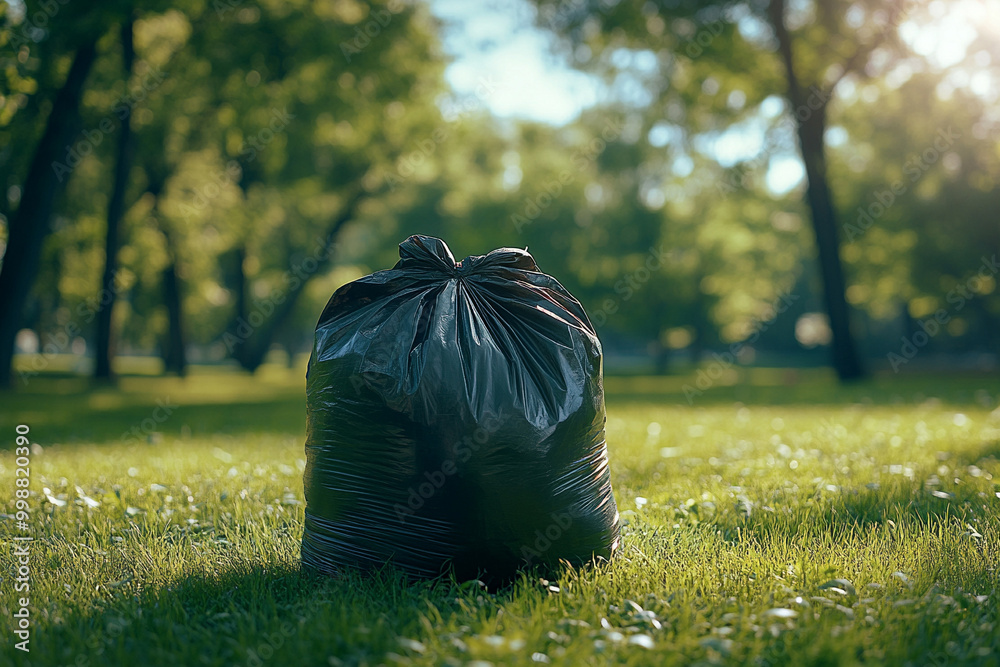Black garbage bag on green grass in park Black garbage bag on green grass in park