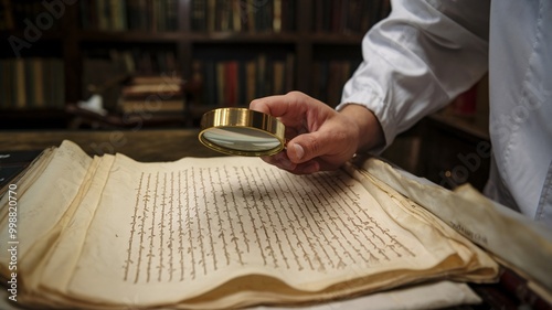 A researcher’s hand examining a centuries-old manuscript with a magnifying glass, highlighting the delicate penmanship on fragile parchment, perfect for history or archival studies photo