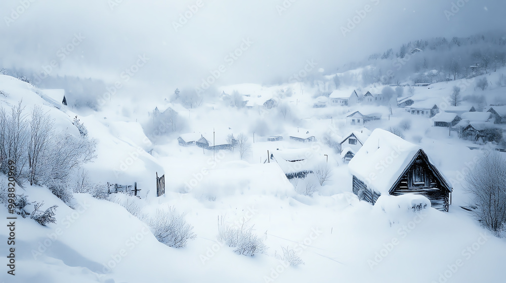 Snow-covered village landscape under a cloudy sky, serene winter atmosphere. Snow-covered village landscape under a cloudy sky, serene winter atmosphere.