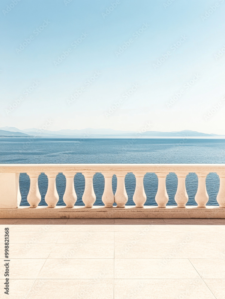 Serene coastal view from a balcony overlooking calm blue waters and distant hills on a sunny day Serene coastal view from a balcony overlooking calm blue waters and distant hills on a sunny day