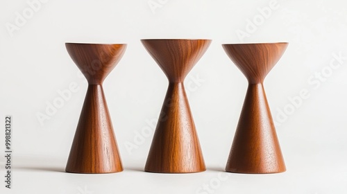 Trio of classic Danish mid-century candleholders in teak wood. The trio is isolated on a plain white background, enabling a clear view of their vintage design. 