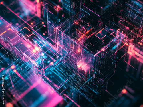 Wallpaper Mural Neon pink and blue futuristic tech grid, abstract digital circuit board design with copy space Torontodigital.ca