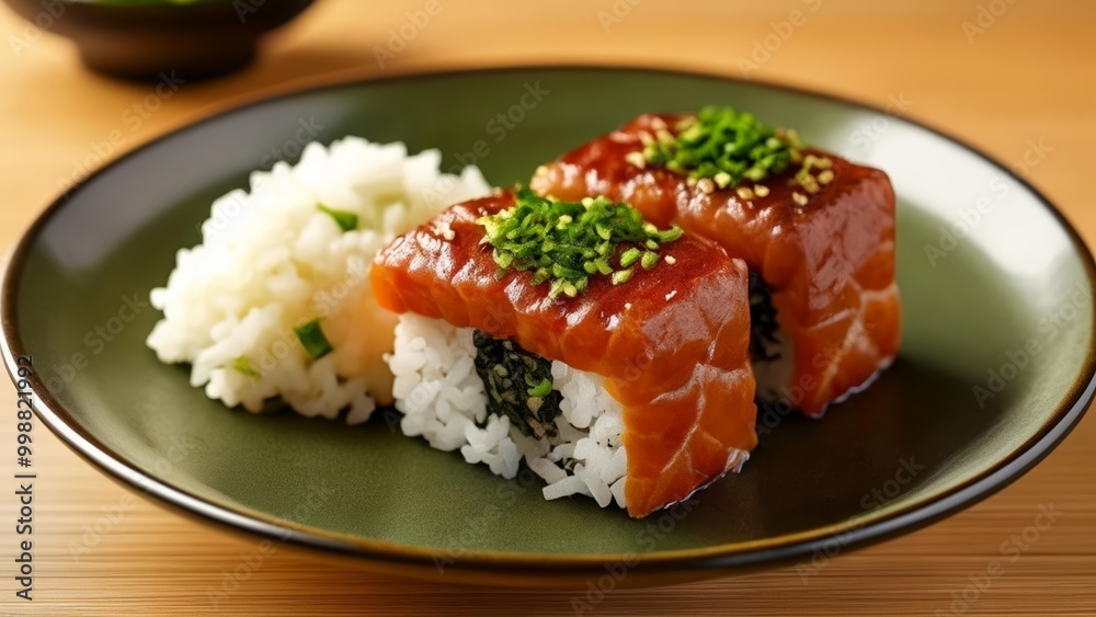  Delicious sushi roll with fresh salmon and rice garnished with green onions and sesame seeds