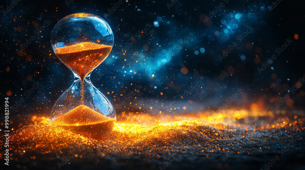 An old-fashioned hourglass with sand pouring out into space, An old-fashioned hourglass with sand pouring out into space,