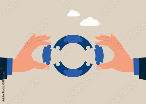 Hands connecting jigsaw puzzle shape circle. Thinking to solve business problem, business connection concept. Flat vector illustration 