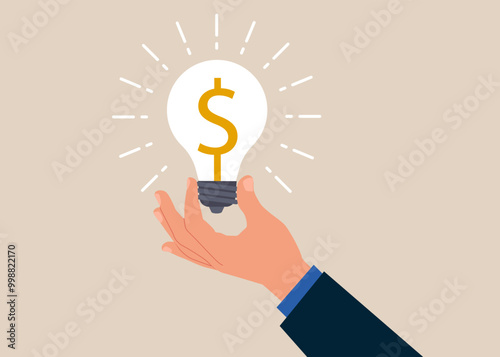 Hand hold brightly lit money dollar lightbulb idea. Business idea to make money or profit. Flat vector illustration