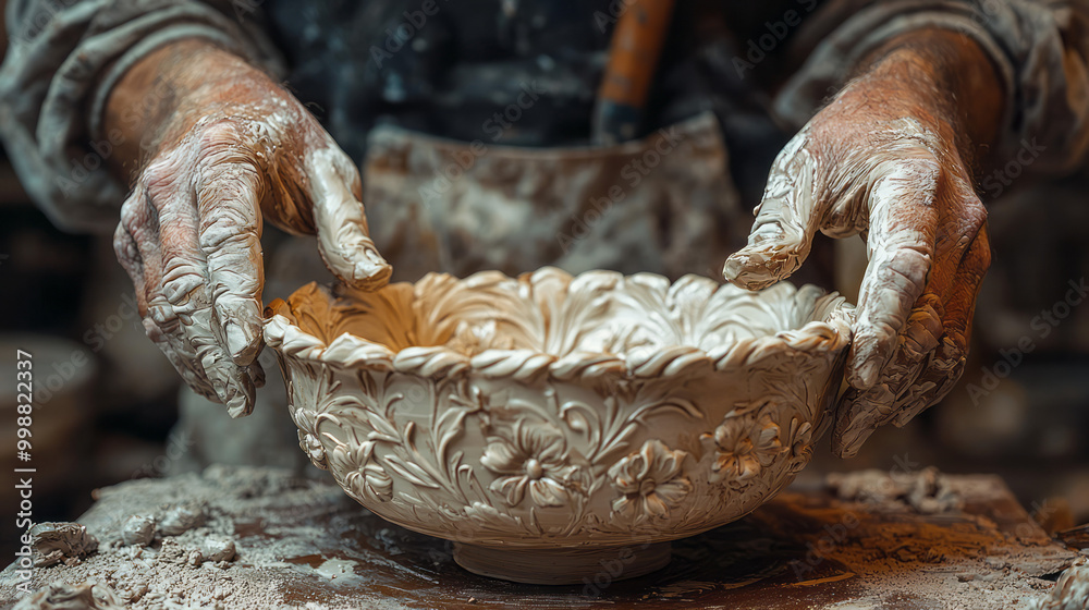 A potter sculpting a large, detailed ceramic bowl,