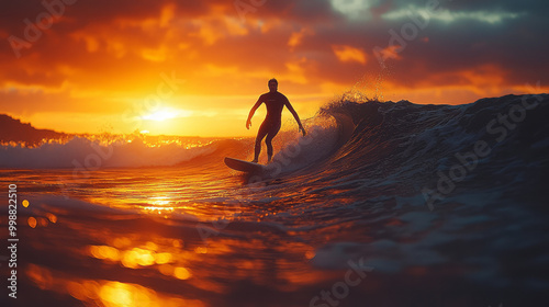 A surfer catching the perfect wave at dawn, with the soft light reflecting on the water,