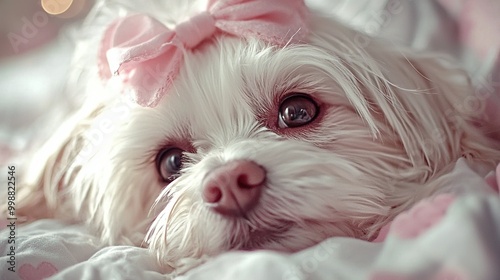   A close-up picture of a dog wearing a pink bow on its head, lying on a pink and white blanket