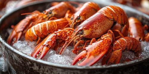 A variety of vibrant lobsters resting on ice in a market setting, showcasing freshness photo