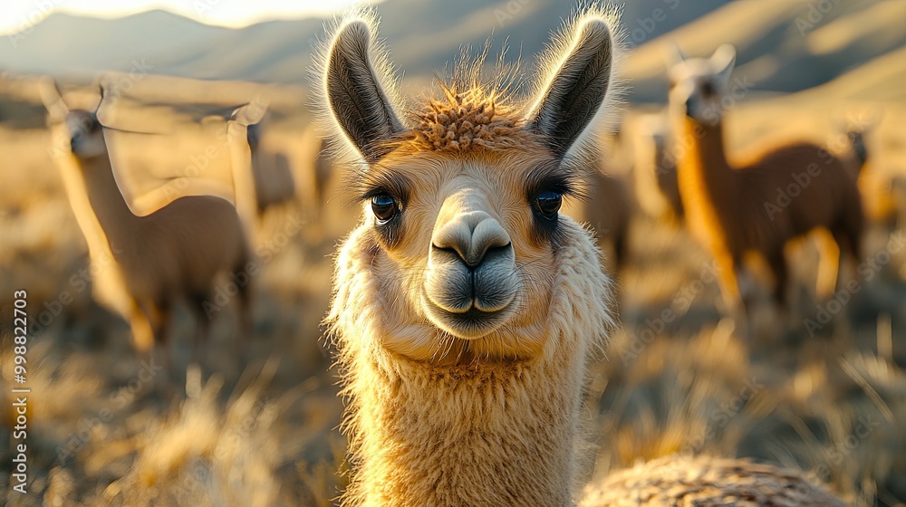 Obraz premium Close-up of a llama in a flock, looking at the camera, with other llamas in the background, soft background, peaceful mountain and field landscape