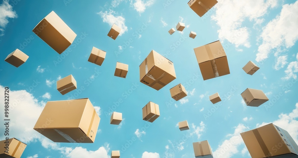 Many brown cardboard boxes float against a blue sky with white clouds.