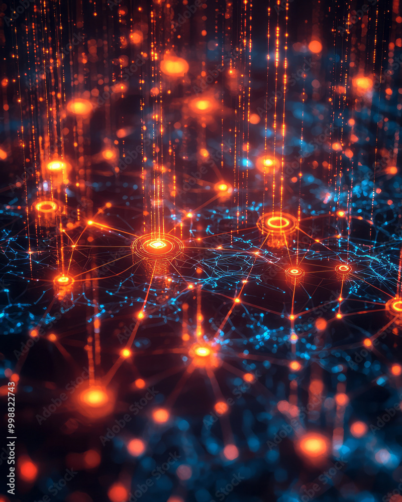 Fototapeta premium A complex network of glowing lines and digital security icons,