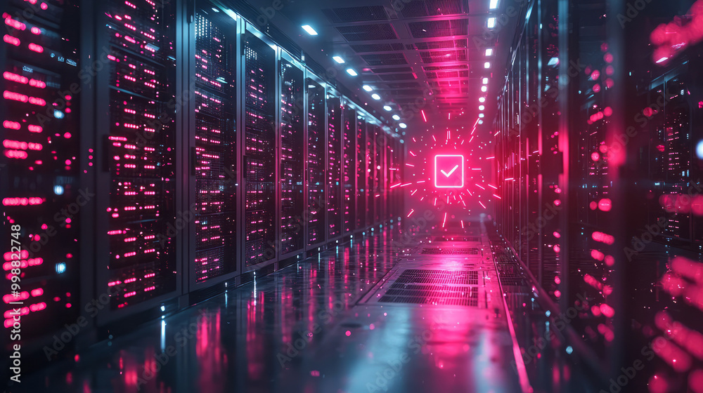 A glowing server room with secure encryption symbols floating around the data racks, A glowing server room with secure encryption symbols floating around the data racks,