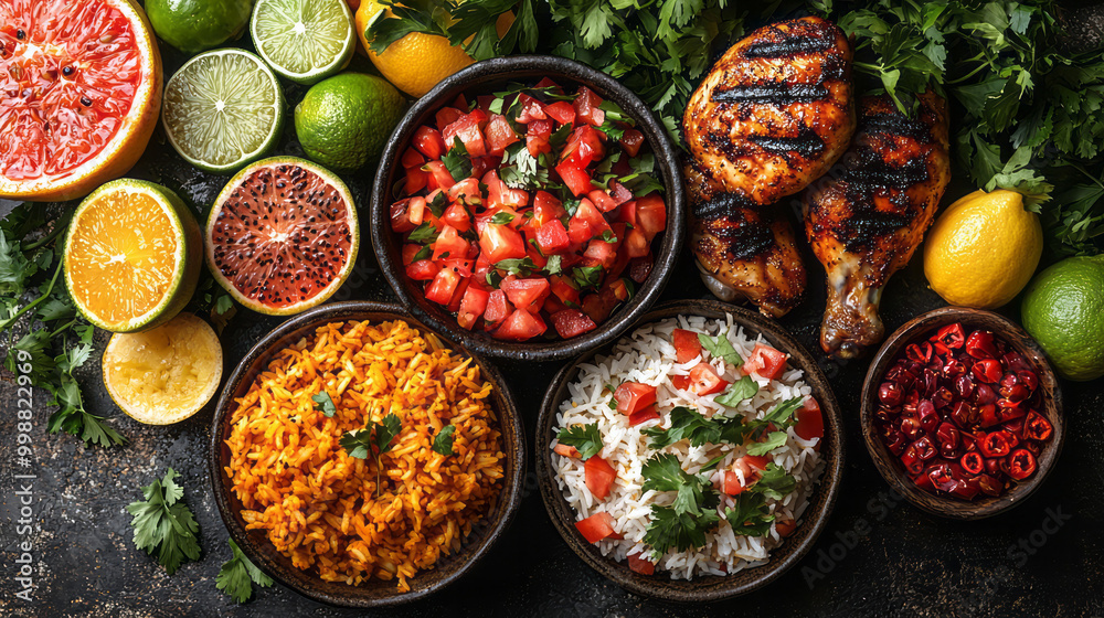 A colorful spread of Caribbean jerk chicken, rice, A colorful spread of Caribbean jerk chicken, rice,