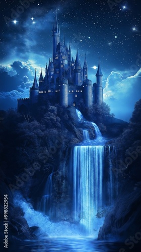 A majestic castle sits atop a cliff, illuminated by a starry night sky. 