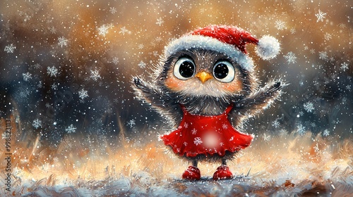  A stunning image of an owl adorned in a vibrant red dress and festive Santa hat perched atop the snowy landscape