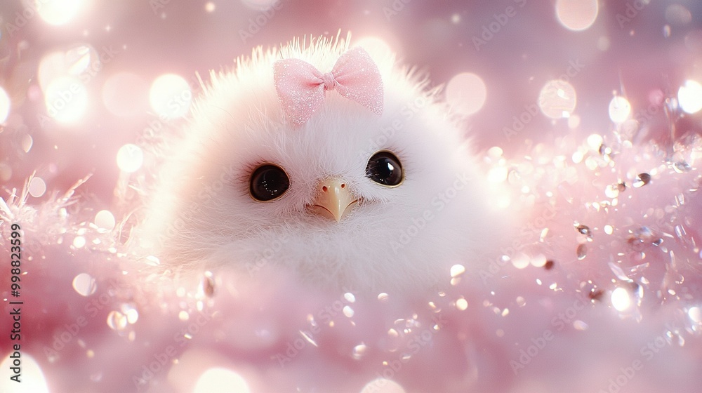 A tiny bird with a pink ribbon perched amidst snowflakes in a serene field A tiny bird with a pink ribbon perched amidst snowflakes in a serene field