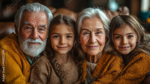 An elderly couple sitting together, surrounded by their grandchildren,