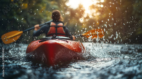 Close-up of a Woman and a Man in a Red Canoe on a River 