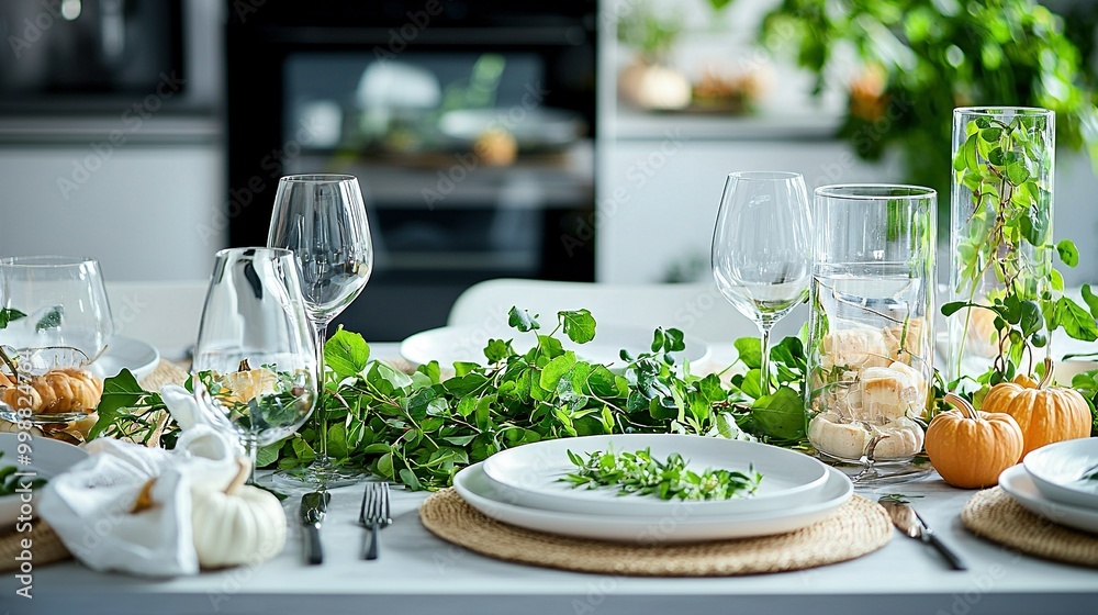 A festive dinner table is adorned with white plates, silverware, greenery, and pumpkins A festive dinner table is adorned with white plates, silverware, greenery, and pumpkins