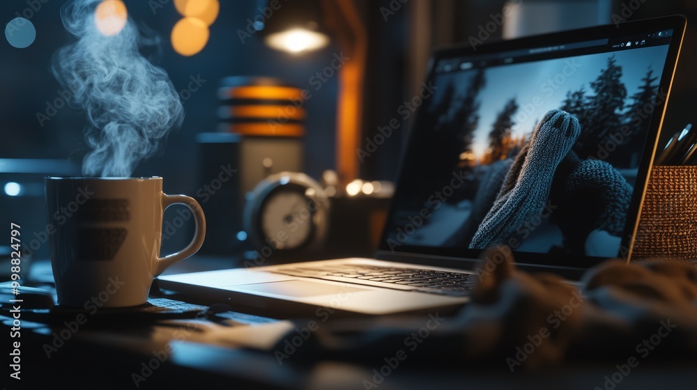 Fototapeta premium A close-up of a cluttered desk, a steaming mug of coffee next to a laptop displaying a winter fashion campaign, the clock ticking down to the deadline.