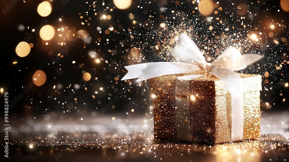 A gold gift box with white ribbon & bow on a shiny surface, surrounded by boke of lights A gold gift box with white ribbon & bow on a shiny surface, surrounded by boke of lights