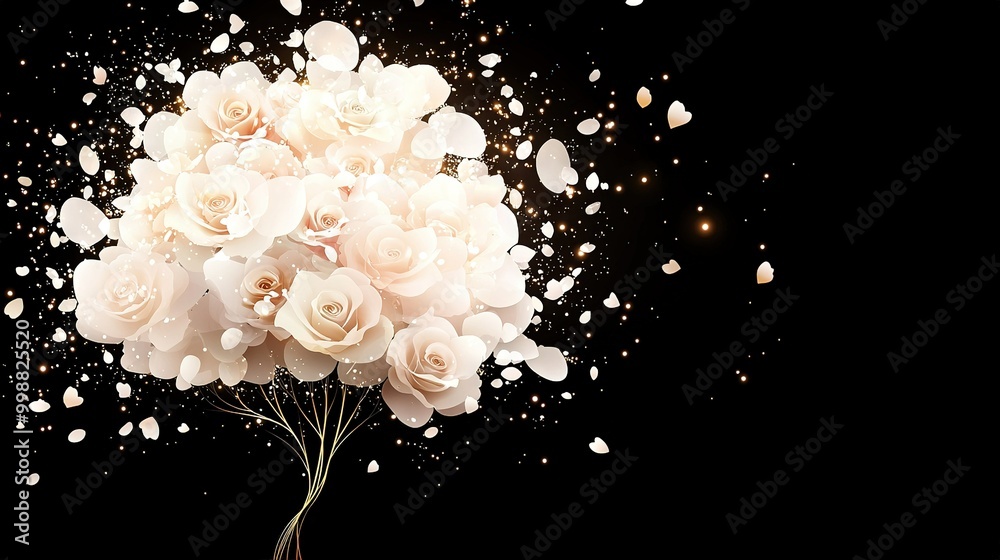 Fototapeta premium A bouquet of white roses in a vase with confetti falling from the top onto a black background