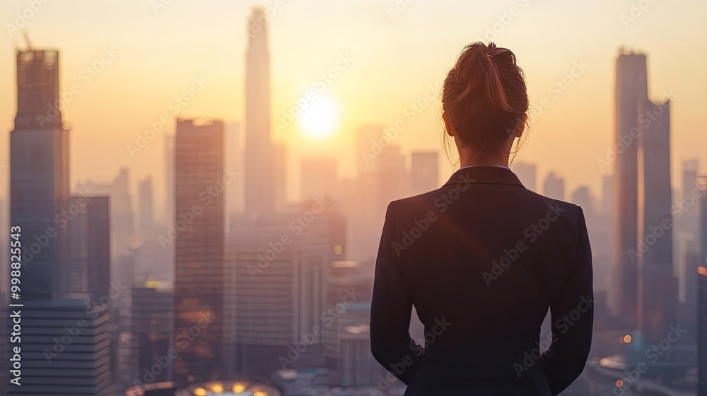 Back view of an executive woman in formal clothing looking at the city skyline with skyscrapers during sunset Back view of an executive woman in formal clothing looking at the city skyline with skyscrapers during sunset
