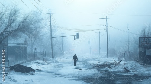 A lone figure braving a blizzard, navigating a deserted street littered with debris from a recent power outage. photo