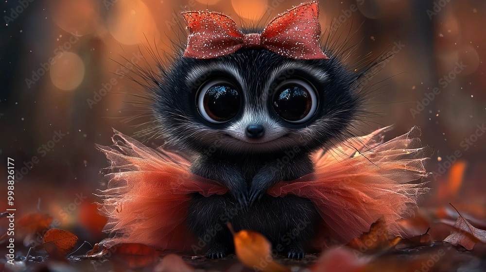 A detailed portrait of a tiny creature wearing a bow on its head, surrounded by fallen foliage A detailed portrait of a tiny creature wearing a bow on its head, surrounded by fallen foliage