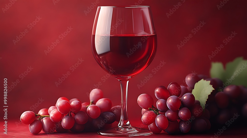 A glass of red wine with grapes on a red background.