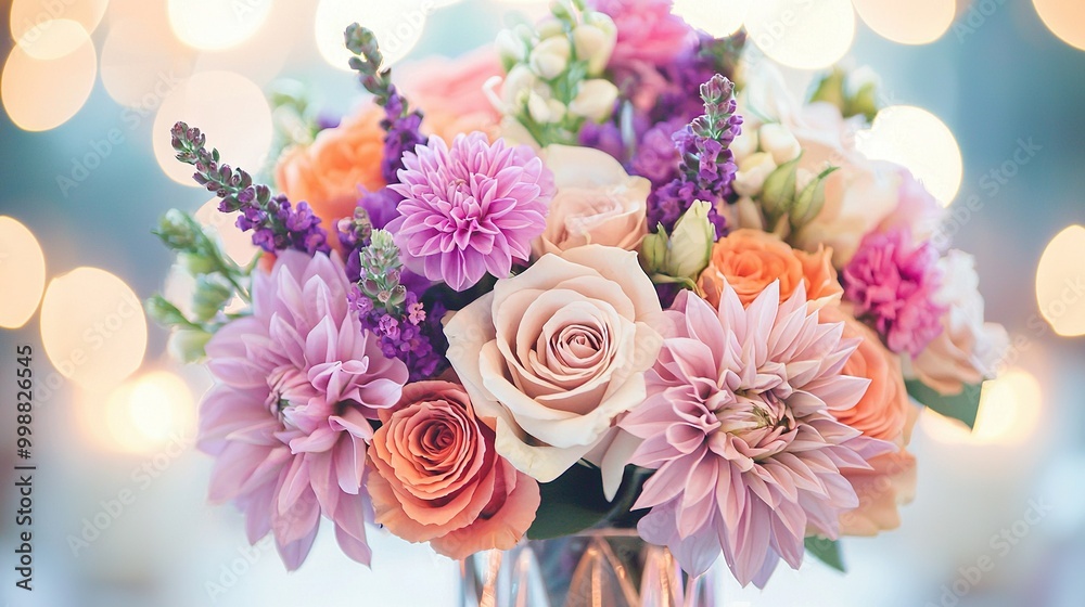   A close-up of a vase of flowers with a soft blur of lights in the background