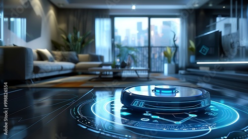 A modern living room featuring a futuristic robotic device on the floor, emphasizing technology and design.