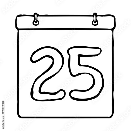 Black and white outline calendar icon. Hand drawn calendar icon image. Calendar icon concept. Calendar icon at 25th date. Fun and cute calendar design. Perfect for kids themed design, business concept