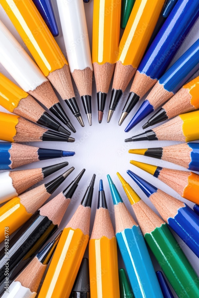 Fototapeta premium Colorful pencils arranged in a circular pattern on a white background.
