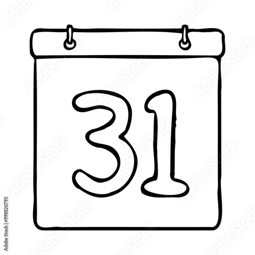 Black and white outline calendar icon. Hand drawn calendar icon image. Calendar icon concept. Calendar icon at 31th date. Fun and cute calendar design. Perfect for kids themed design, business concept