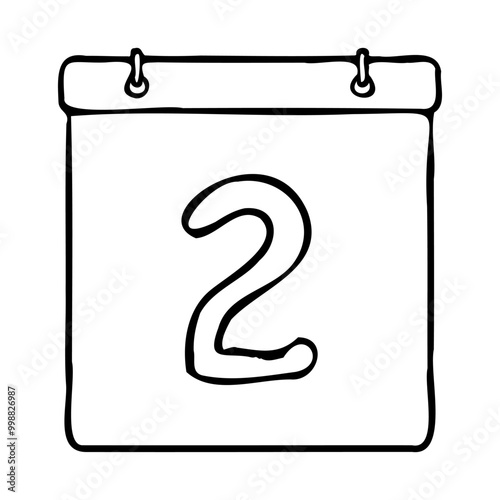 Black and white outline calendar icon. Hand drawn calendar icon image. Calendar icon concept. Calendar icon at 2nd date. Fun and cute calendar design. Perfect for kids themed design, business concept